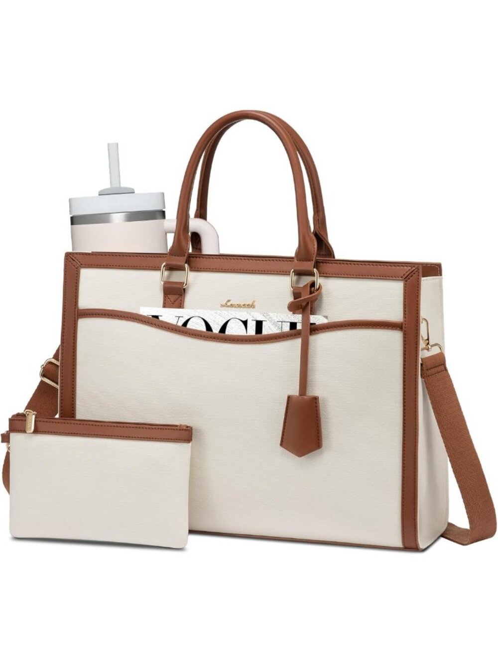Stylish Large Laptop Tote Bag for Women | Work Computer Bag with Cup Holder